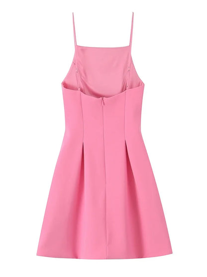 TFMLN Elegant Ladies Pink Spaghetti Strap Dress 2025 Summer New Simple Style Women Slim Short Dress Party Fashion A-Line Dress - Smarsty