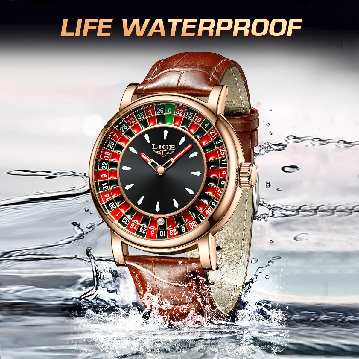 LIGE Waterproof Brown Leather Men's Roulette Watch - Smarsty