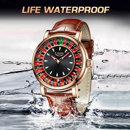 LIGE Waterproof Brown Leather Men's Roulette Watch - Smarsty