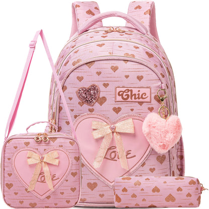 Girls Backpack With Bowknot Ribbon And Lunch Bag Pen Case - Smarsty