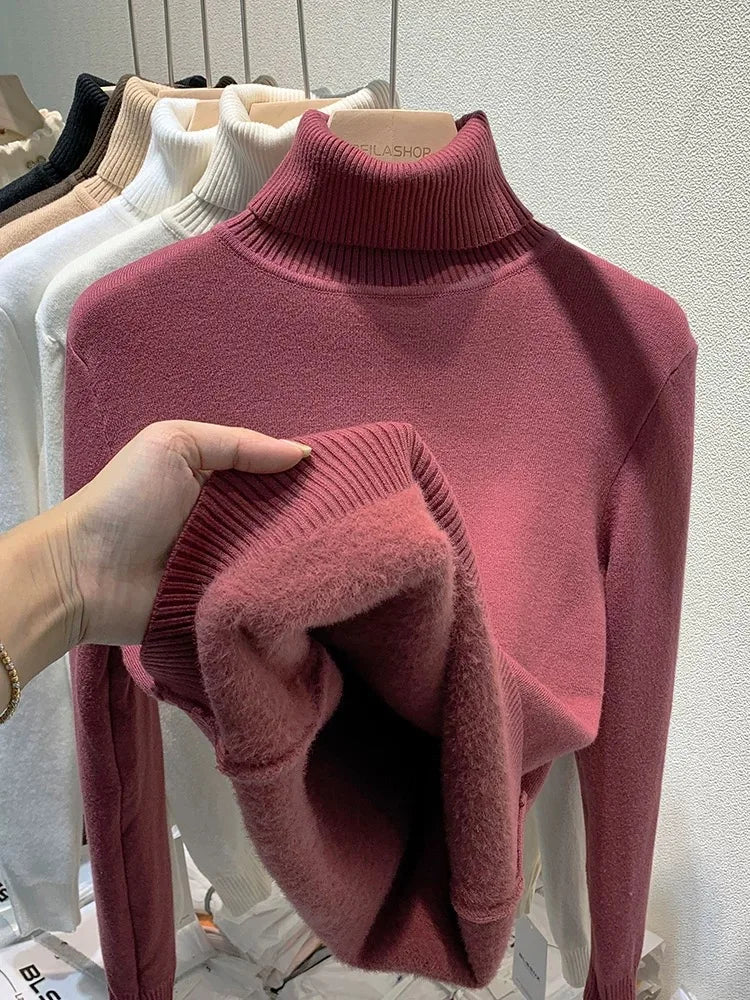 Turtleneck Winter Sweater Women Elegant Thicken Velvet Lined Warm Sueter Knitted Pullover Slim Tops Jersey Knitwear Jumper New - Smarsty