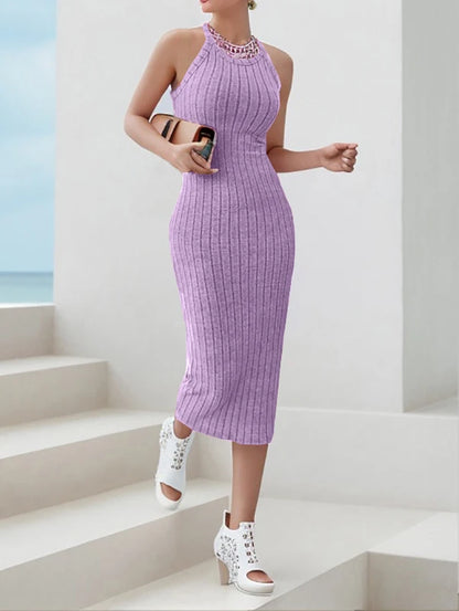 Solid Halter Neck Bodycon Midi Dress High-end temperament vest halter dress women's summer new high-waist slim temperament slim - Smarsty