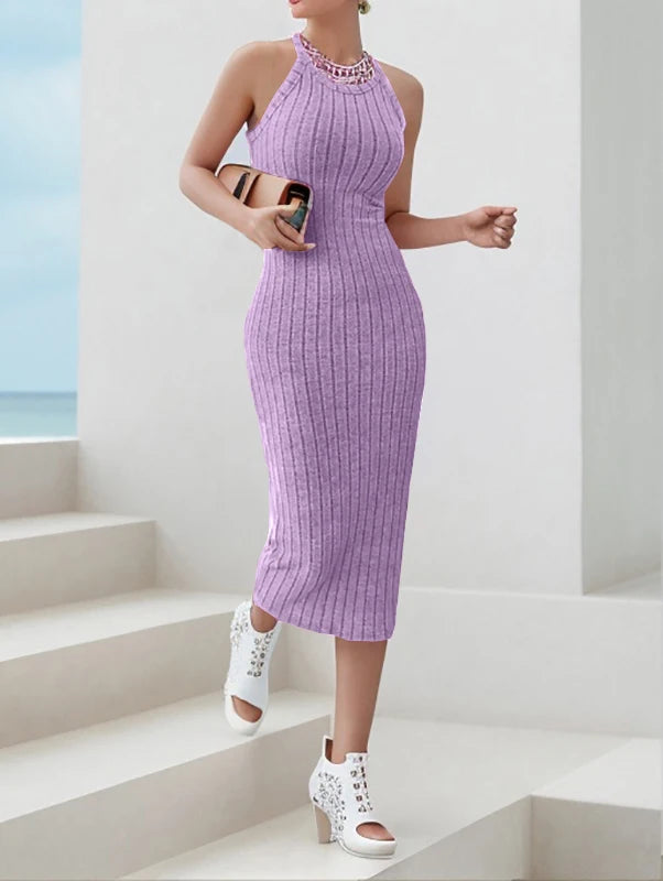 Solid Halter Neck Bodycon Midi Dress High-end temperament vest halter dress women's summer new high-waist slim temperament slim - Smarsty