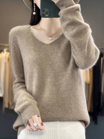 Fashion100% Merino Wool Sweater Cashmere  Pullover Women Knitwear V-Neck Long Sleeve  Autumn Winter Fashion Basic Clothing  Tops - Smarsty