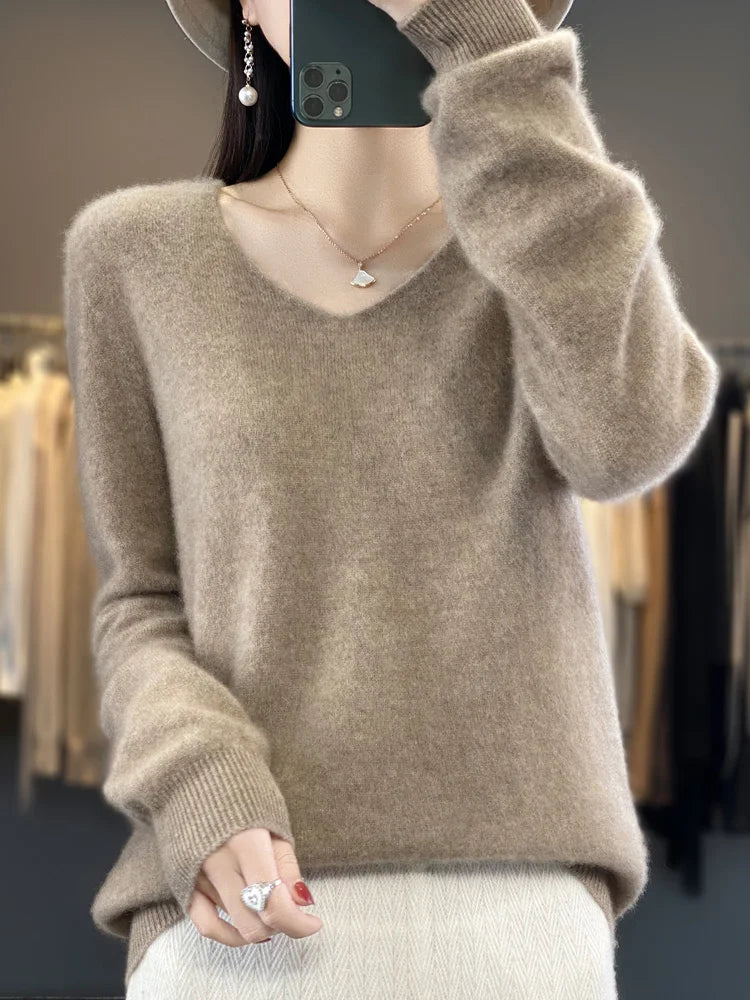 Fashion100% Merino Wool Sweater Cashmere  Pullover Women Knitwear V-Neck Long Sleeve  Autumn Winter Fashion Basic Clothing  Tops - Smarsty