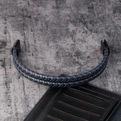 Mens Braided Leather Bracelet Double Band Bangle - Smarsty