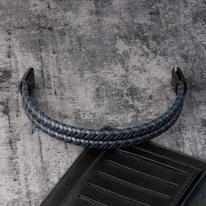 Mens Braided Leather Bracelet Double Band Bangle - Smarsty