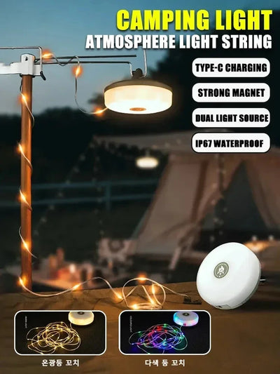 Camping String Lights,33Ft Light with Lanterns (2 in 1 Design),Camping Lights 2000mAh,IPX6 Waterproof,Rechargeable Flashlights by Smarsty