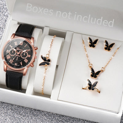 5/6PCS Fashion Women's Quartz Watch Leather Band Analog Wrist Watches Heart Rhinestone Jewelry Set(Without Box) - Smarsty