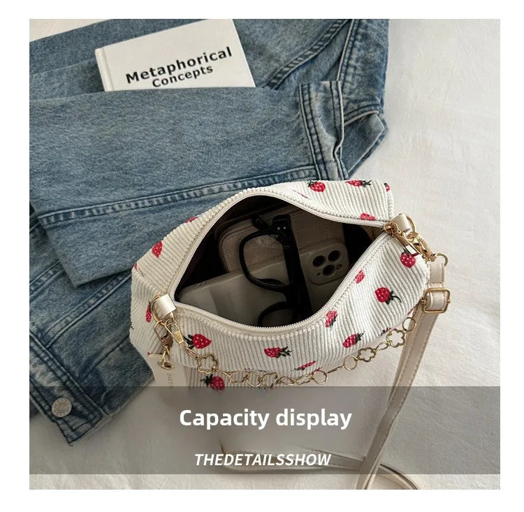 Corduroy Underarm Bag For Women Strawberry Print Mini Tote - Smarsty
