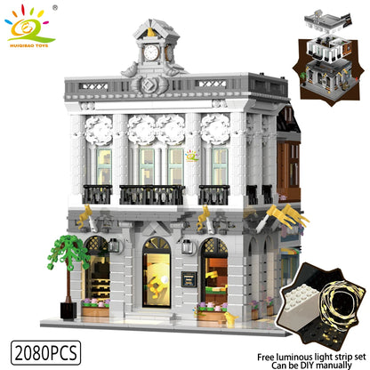 HUIQIBAO Toys MOC City Corner Coffee Shop Architecture Style Street View Micro Building Blocks for Children Construction Bricks