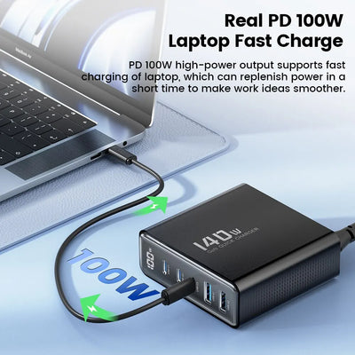 GaN USB Charger 140W 5in1 Desktop with LED Display Ports - Smarsty