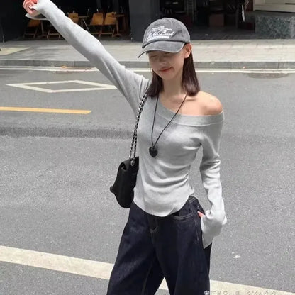 Sexy Pullovers Women Off Shoulder Cropped Knitted Basic Clothes Autumn All-match Side Slit Simple Tender Slim Gentle Seductive - Smarsty