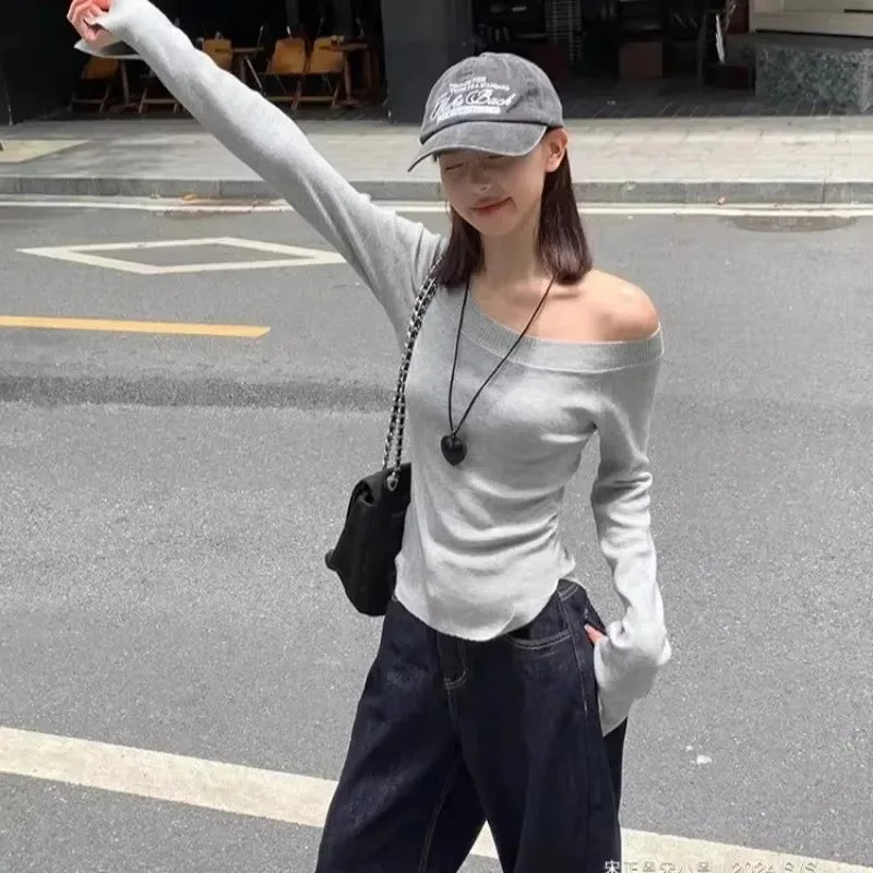 Sexy Pullovers Women Off Shoulder Cropped Knitted Basic Clothes Autumn All-match Side Slit Simple Tender Slim Gentle Seductive - Smarsty