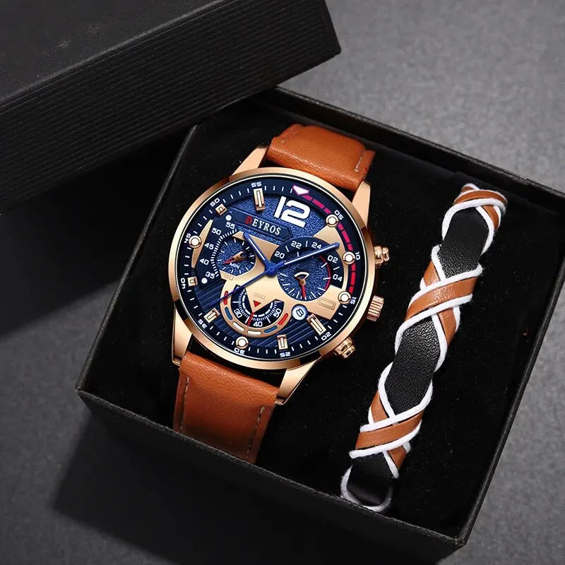 Luxury Men's Quartz Watch Set with Brown Leather Band - Smarsty