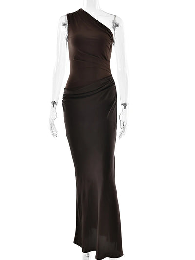 JULISSA MO Patchwork Satin Sexy One Shoulder Women Maxi Dress Brown Sleeveless Evening Dress Summer Slim Elegant Party Clubwear - Smarsty
