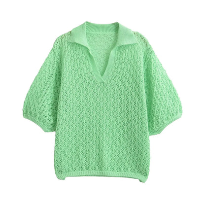 TRAFSHE Women Fashion Jacquard Solid Knitted Hollow Out Pullover Sweater Vintage Lapel Neck Short Sleeve Female Chic Lady Tops - Smarsty