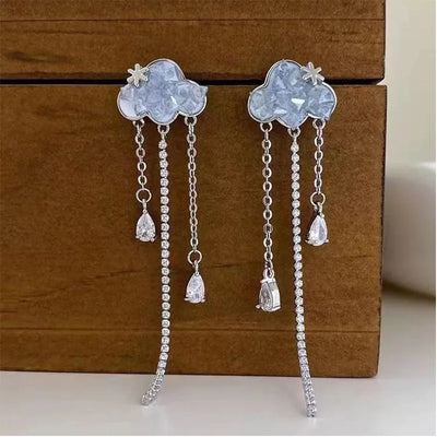 Elegant Blue Cloud Drop Earrings with Colorful Rain Tassel - Smarsty