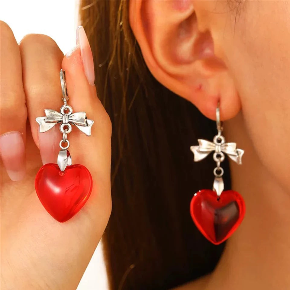 Harajuku Red Glass Heart Dangle Earrings for Stylish Women - Smarsty