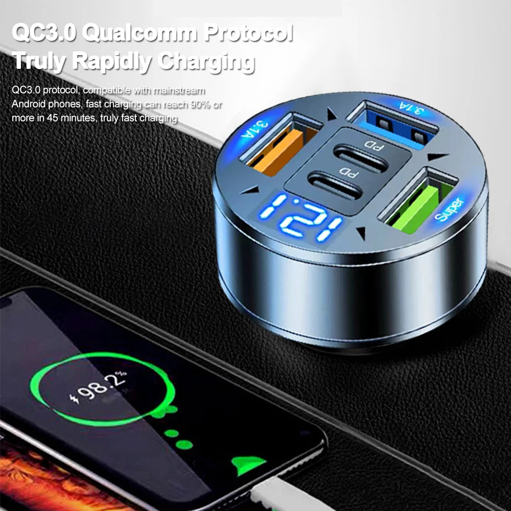 250W 5 Ports Car Charger Fast Charging PD QC3.0 USB C Car Phone Charger Adapter With Voltage For iPhone Samsung Huawei Xiaomi - Smarsty