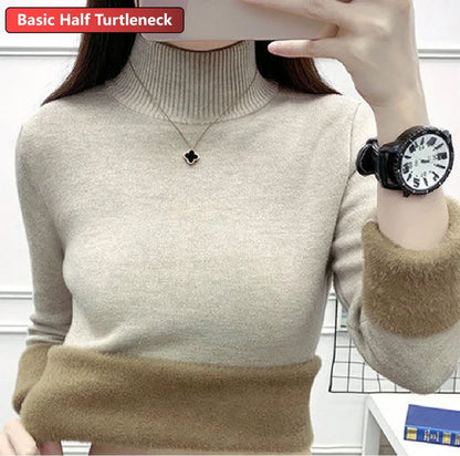 Turtleneck Winter Sweater Women Elegant Thicken Velvet Lined Warm Sueter Knitted Pullover Slim Tops Jersey Knitwear Jumper New - Smarsty