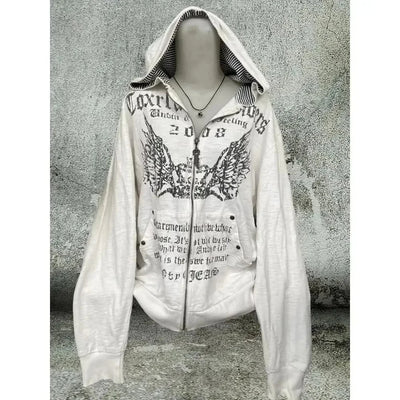 Vintage Sweatshirts 2025 Women's Clothes White Print Tunic Hooded Y2k Coat Streetwear Fashion Casual Hoodies Tops Ropa Mujer - Smarsty