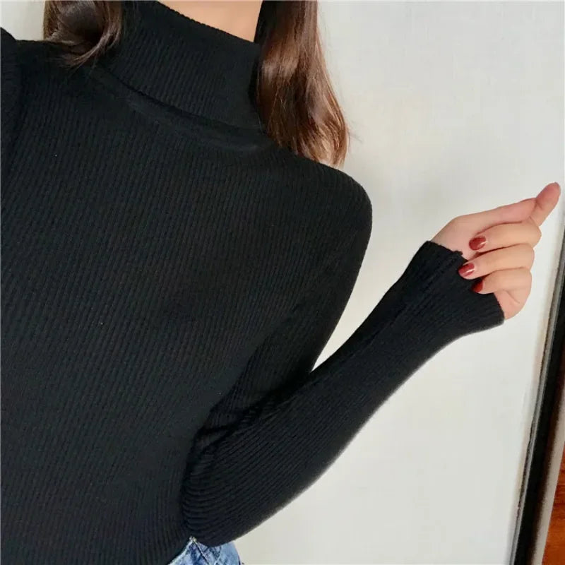2024 Autumn Winter Thick Sweater Women Knitted Ribbed Pullover Sweater Long Sleeve Turtleneck Slim Jumper Soft Warm Pull Femme - Smarsty