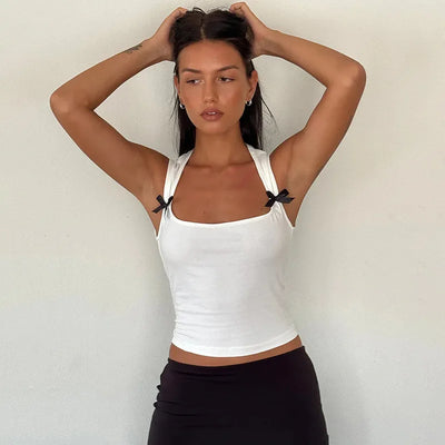 Y2K Women'S Bow Tie-Up Tank Tops Wide Shoulder Straps Bandage Camisole Sexy Low Cut Crop Tops Female Vest Tops - Smarsty