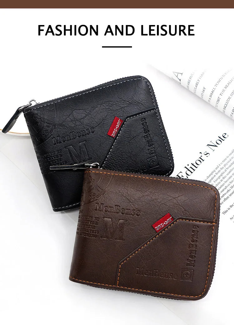 New Men Zipper Wallets Short Card Holder Vintage Male Wallet High Quality PU Leather Classic Coin Pocket Wallet For Boys - Smarsty