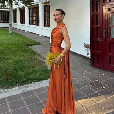 Elegant Women's Ribbon Long Satin Party Dress Halter Backless Sleeveless Female Dresses 2025 Summer Lady Solid Evening Gowns - Smarsty
