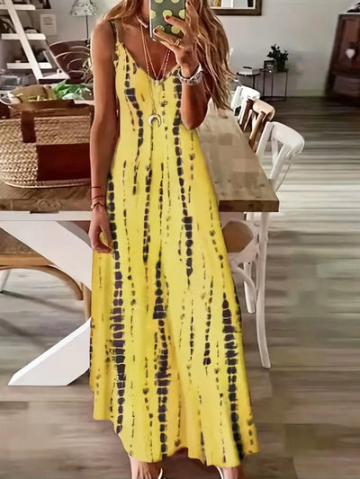 Women's Casual Loose V-neck Tie Dye Printed Spaghetti Maxi Dress Summer Beach Vacation Long Dress - Smarsty