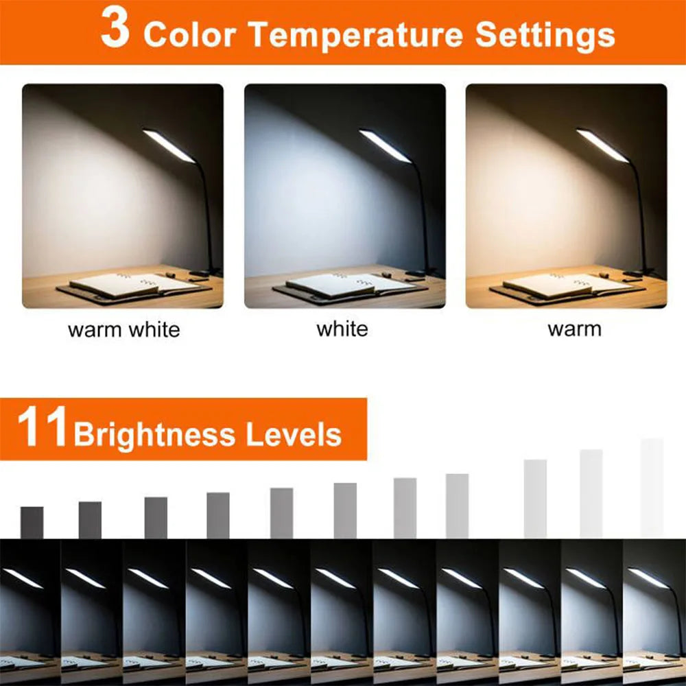 5W LED Clip on Desk Lamp with 3 Modes 11 Brightness  2M Cable Dimmer 14 Levels Clamp Table Lamp