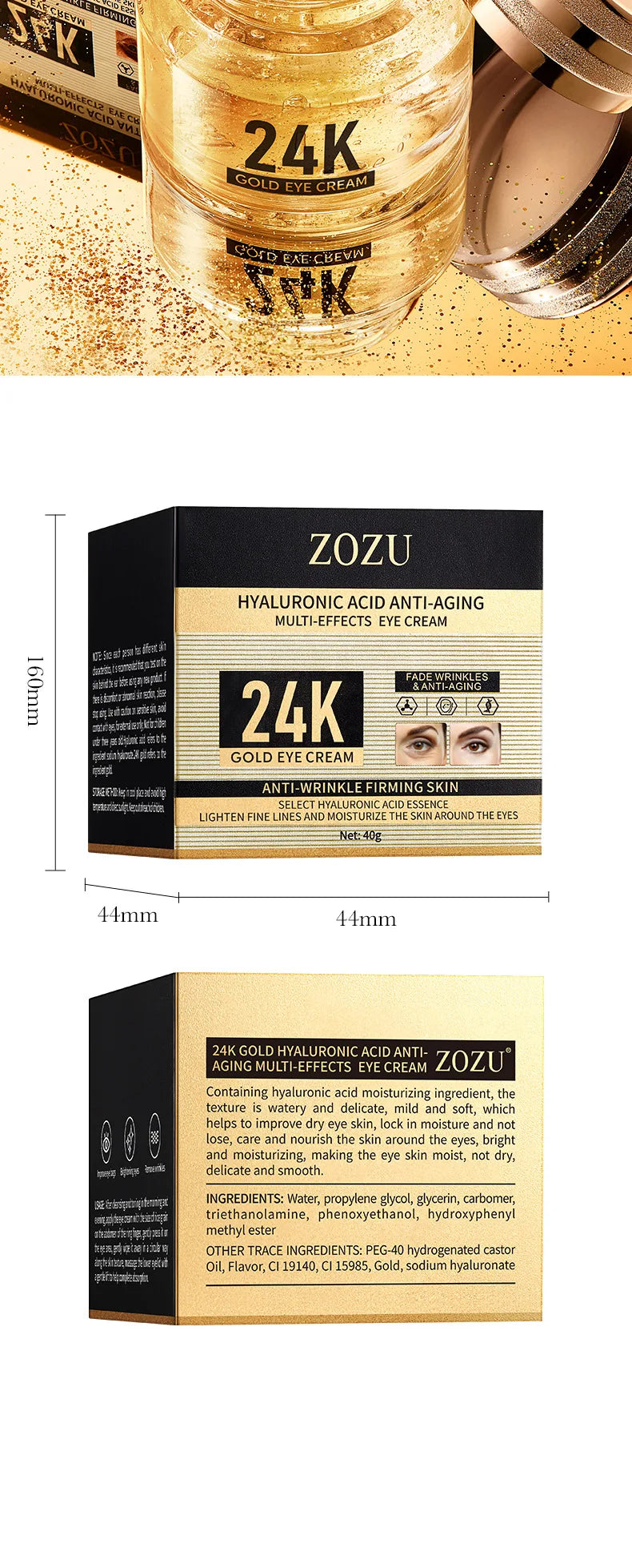 24K Gold Hyaluronic Acid Eye Cream for Dark Circles - Smarsty