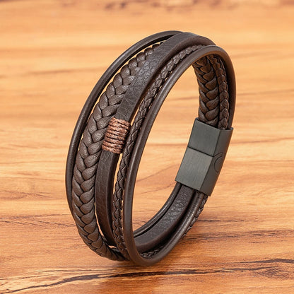 Mens Leather Bracelet Magnetic Buckle Multilayer Bangles - Smarsty