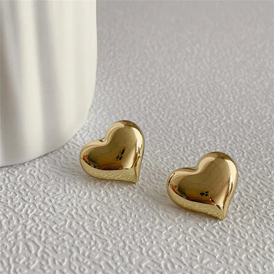 Gold Heart Stud Earrings Minimalist Smooth Surface Bridal - Smarsty