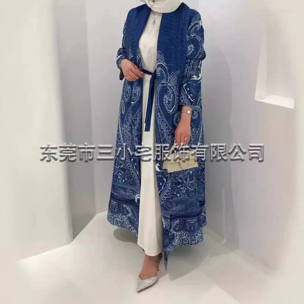 Women's Fold Miyake Pleated Abaya Long Sleeve Print Foldable Collar Robe Cardigan Coat New Winter Fashion Original Design 2024 - Smarsty