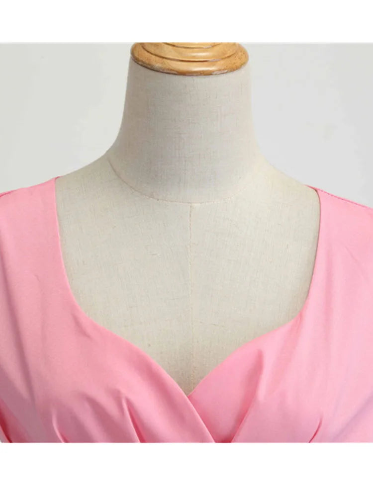 Pink Summer Dress Women V Neck Vintage Robe Elegant Retro pin up Party Office Midi Dresses - Smarsty