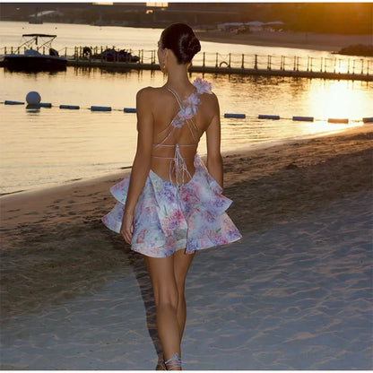 Women Mesh Patchwork Flower Print Mini Dress Elegant V-neck Short Sleeve High Waist A-line Dresses 2025 New High Street Vestidos - Smarsty