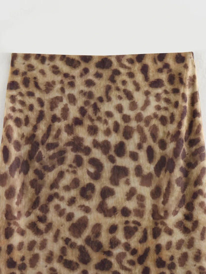 Women Leopard Tulle Midi Skirt 2024 Summer Fashion High Waist Elasticated Waistband Long Skirts Streetwear - Smarsty