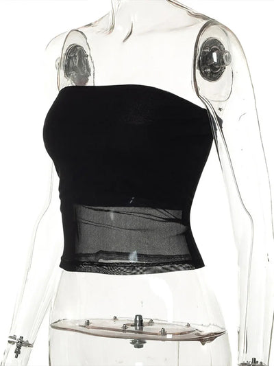 Mesh Corset Black Crop Top Women Patchwork Tube Top Sexy Sleeveless Off Shoulder Cami Summer Streetwear Slim Strapless Tank Tops - Smarsty
