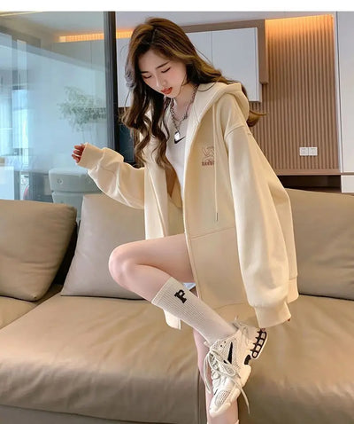 Women Embroidery Print Sporty Chic Hoodies Casual Zip Up Long Sleeve Loose Jacket Coats Harajuku Hooded Sweatshirts Streetwear - Smarsty