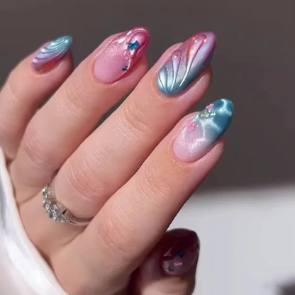 Colorful Press On Almond Nails Set with Pearl Flowers - Smarsty