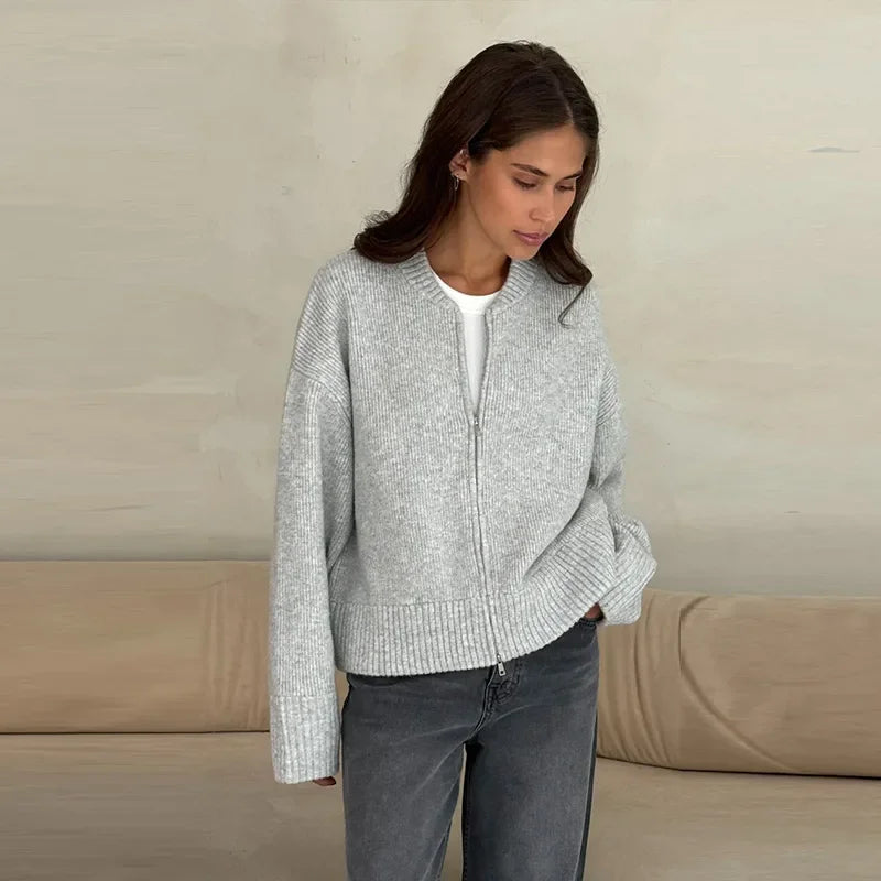 Vintage Knit Women Cardigan Casual Full Sleeve Zipper O Neck Pleated Solid Lady Sweater 2025 Autumn Fashion Female Knitwear - Smarsty