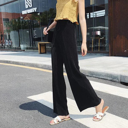 Women Fashion Summer Wide Leg Pants Pleated Ice Silk Trousers Elastic Waist Loose Casual Pants - Smarsty