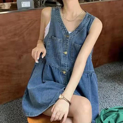 Sleeveless Strap Dress Women Summer Single-Breasted Pockets Denim Dresses Woman Korean Style Loose A Line Mini Dress - Smarsty