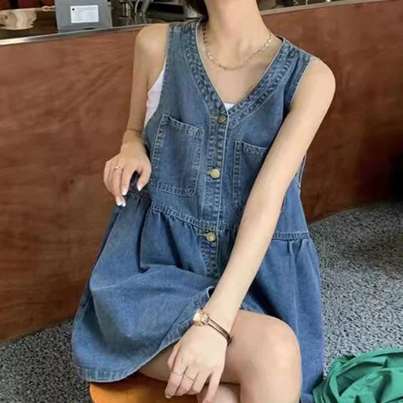 Sleeveless Strap Dress Women Summer Single-Breasted Pockets Denim Dresses Woman Korean Style Loose A Line Mini Dress - Smarsty