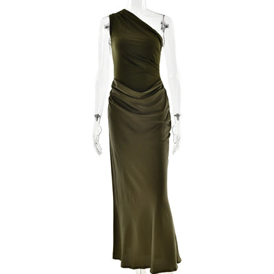 JULISSA MO Patchwork Satin Sexy One Shoulder Women Maxi Dress Brown Sleeveless Evening Dress Summer Slim Elegant Party Clubwear - Smarsty