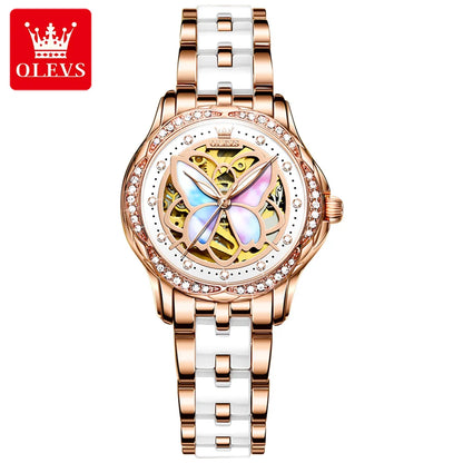 OLEVS 6615 Womens Watch Original Bezel Ceramic Mechanical Automatic Wristwatch Waterproof Luminous Ladies Watch Butterfly Dial - Smarsty