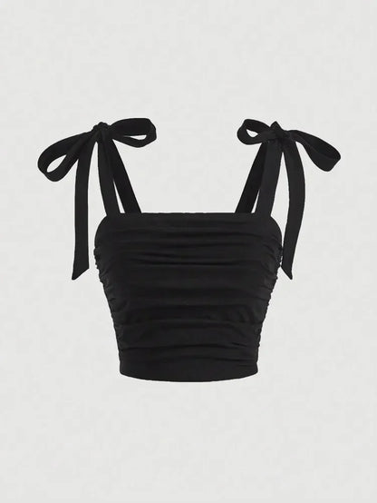 Solid Tie Shoulder Ruched Wide Strap Slim Fit Crop Top Women Clothing Summer 2025 Y2K Clothes Pink Backless Camis Top Streetwear
