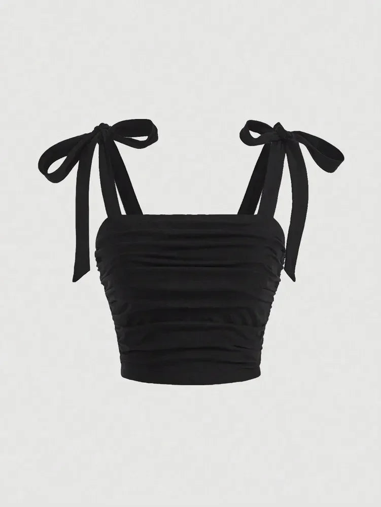 Solid Tie Shoulder Ruched Wide Strap Slim Fit Crop Top Women Clothing Summer 2025 Y2K Clothes Pink Backless Camis Top Streetwear